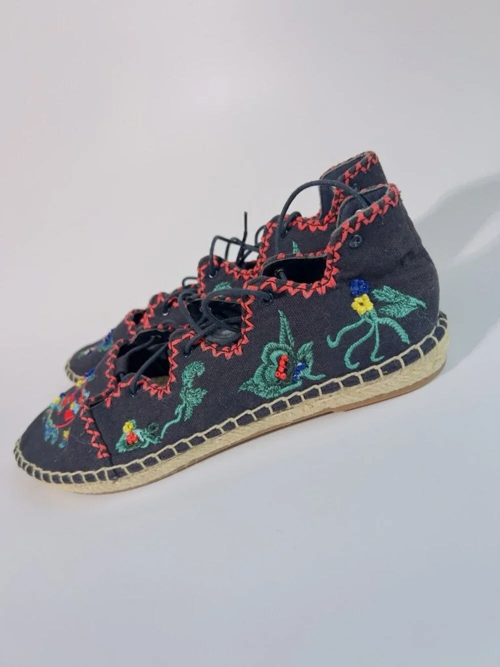Tory Burch Fleming Embroidered Lace-Up Espadrilles Canvas Floral Size 8